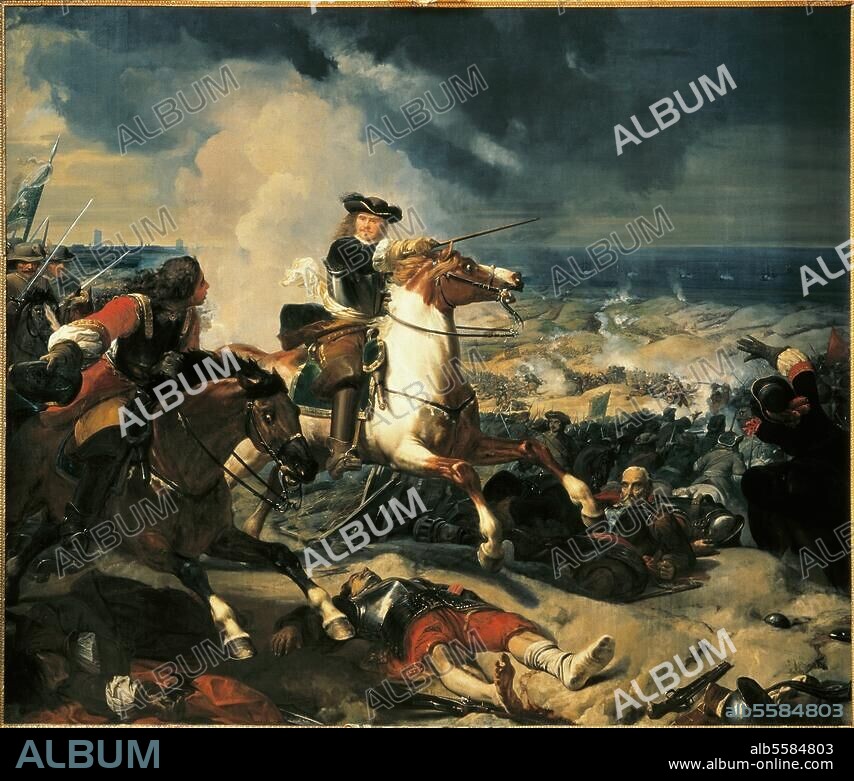 CHARLES PHILIPPE AUGUSTE LARIVIERE. Siège de Dunkerque par les Anglais et les Français / Bataille des Dunes le 14. juin 1658 : les Alliés battirent les troupes espagnoles venues en renfort. Turenne (centre) et Louis II, prince de Condé, à la bataille des Dunes. Tableau, vers 1837, de Charles Philippe Auguste de Larivière (1798-1876). Versailles, Galerie des Batailles.