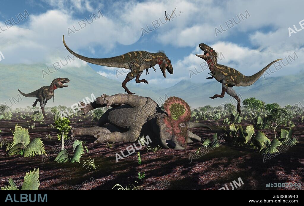 A pack of carnivorous Nanotyrannus dinosaurs attacking a lone Triceratops during the Cretaceous Period.