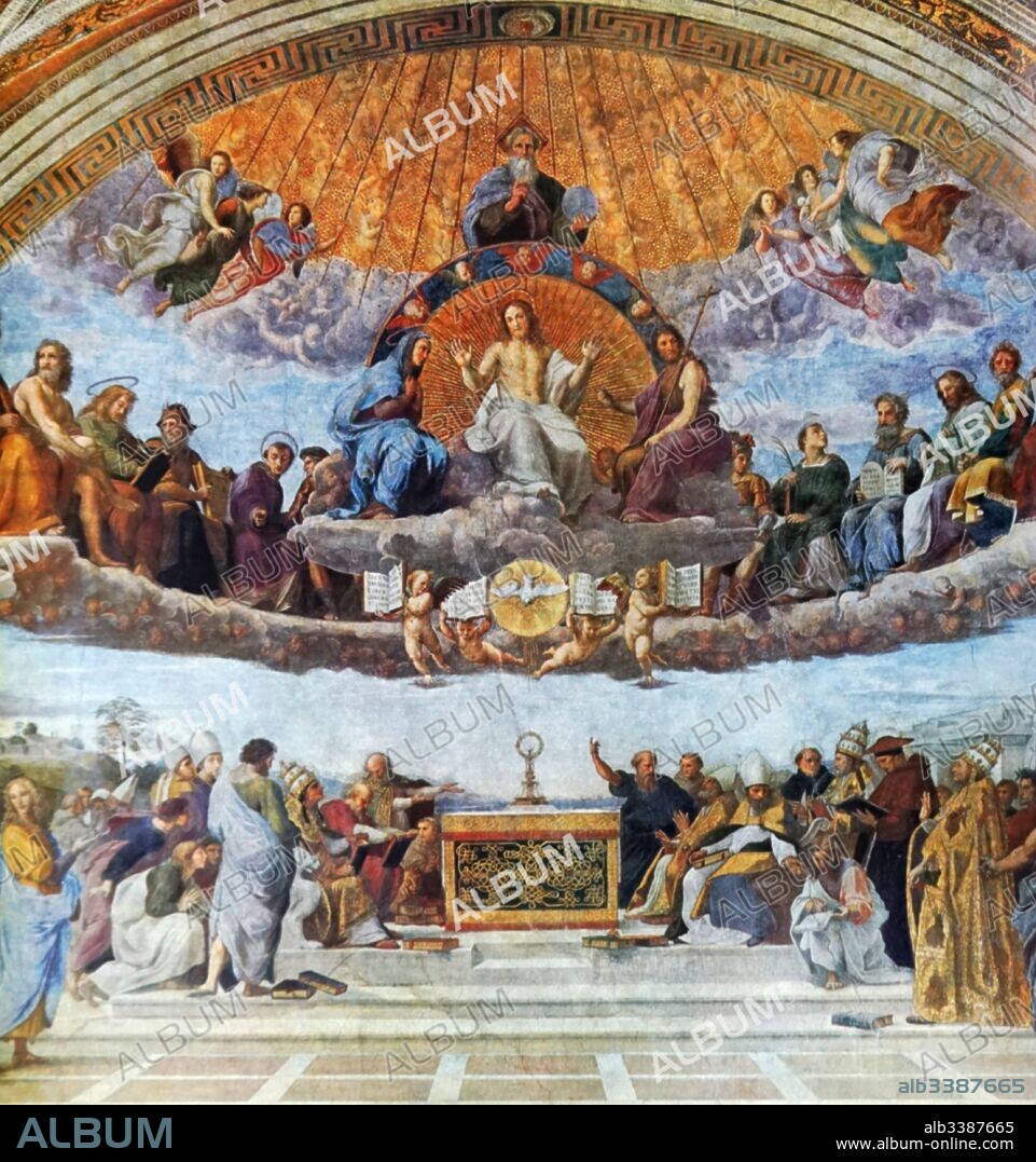 The Disputation of the Sacrament (La disputa del sacramento), or Disputa; painting by the Italian Renaissance artist; Raphael. It was painted between 1509 and 1510, to decorate with frescoes the rooms that are now known as the Stanze di Raffaello, in the Apostolic Palace in the Vatican. In the painting, Raphael has created a scene spanning both heaven and earth. Above, Christ is surrounded by a halo, with the Blessed Virgin Mary, John the Baptist at his right and left. Other various biblical figures such as Adam, Jacob and Moses are to the sides. God the Father sits above Jesus, depicted reigning over the golden light of heaven, and below Christ's feet is the Holy Spirit. On opposite sides of the Holy Spirit are the four gospels, held by putti. Below, on the altar sits the monstrance.