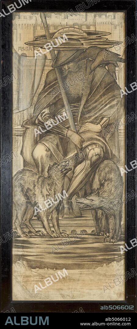 Odin, 1883-84 Sir Edward Burne-Jones (d.1898), Two ravens, Hugin and Munin, on his left shoulder, two wolves Geri and Freki at his feet. 'Asgard' refers to where the gods reside in Norse mythology. Design for Vinland, Newport, Rhode Island, USA, 19th Century, Drawing, Chalk, Gouache, Frame, Full-length, Animal, Wolf, Seated, Works on Paper, Norse Mythology, Bird, Raven.