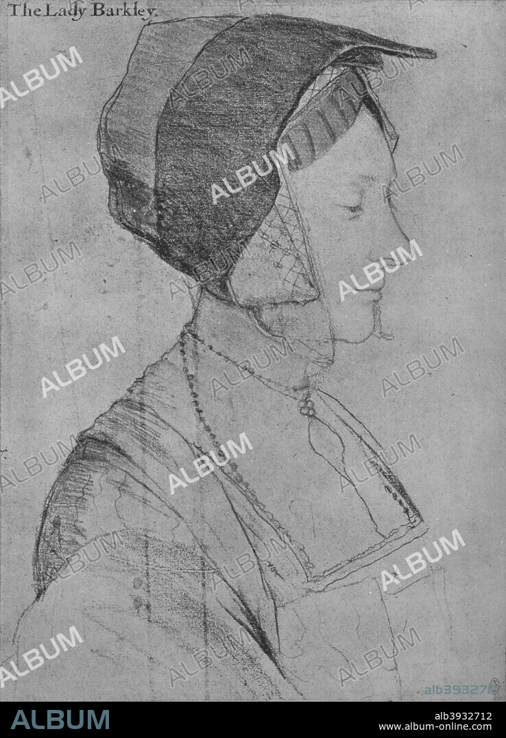 'Elizabeth Dauncey', 1526-1527 (1945). Elizabeth Dauncey (nee More) (1506-1564), Second daughter of Sir Thomas More; wife of William Dauncey. The drawing is part of the Royal Collection Trust, Windsor Castle. From The Drawings of Holbein at Windsor Castle by K. T. Parker. [The Phaidon Press Ltd, Oxford & London, 1945].