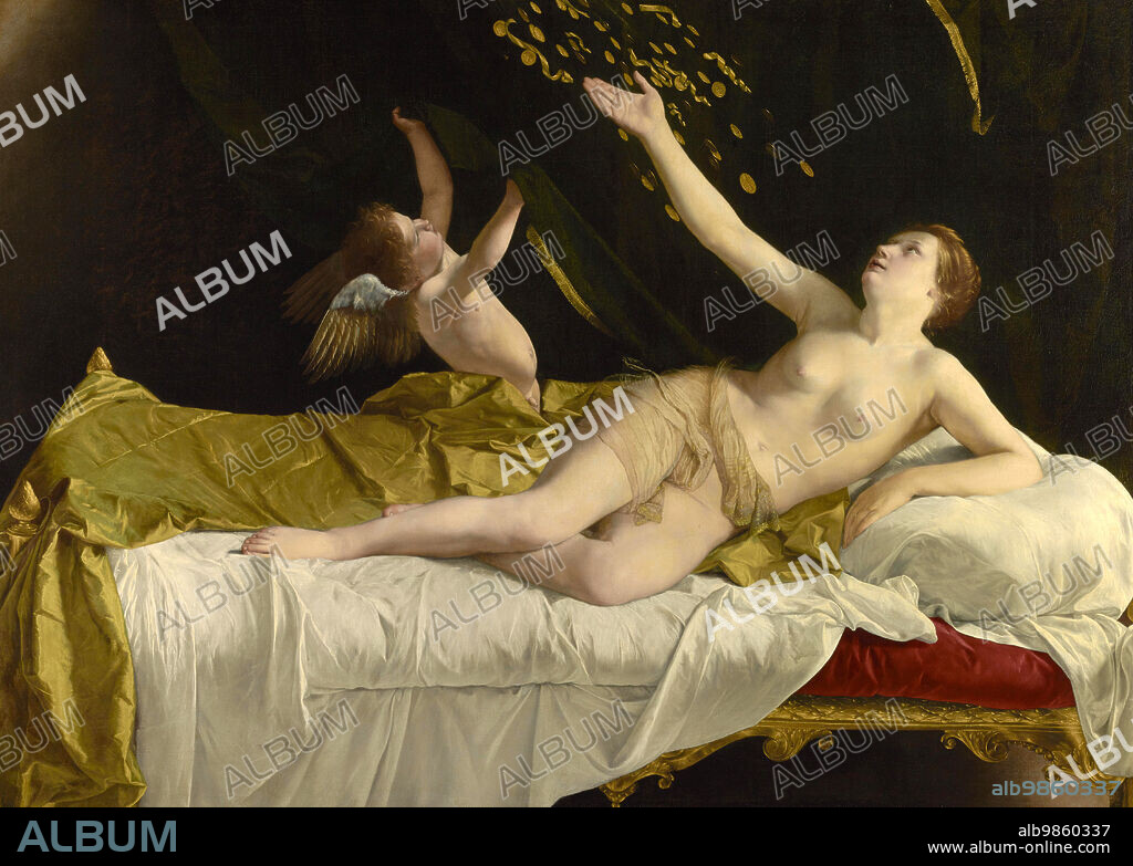 Danae and the golden shower, golden rain, Danae, in Greek mythology the daughter of Akrisios, mistress of Zeus, painting by Orazio Gentileschi, Historical, digitally restored reproduction from a 19th century original.