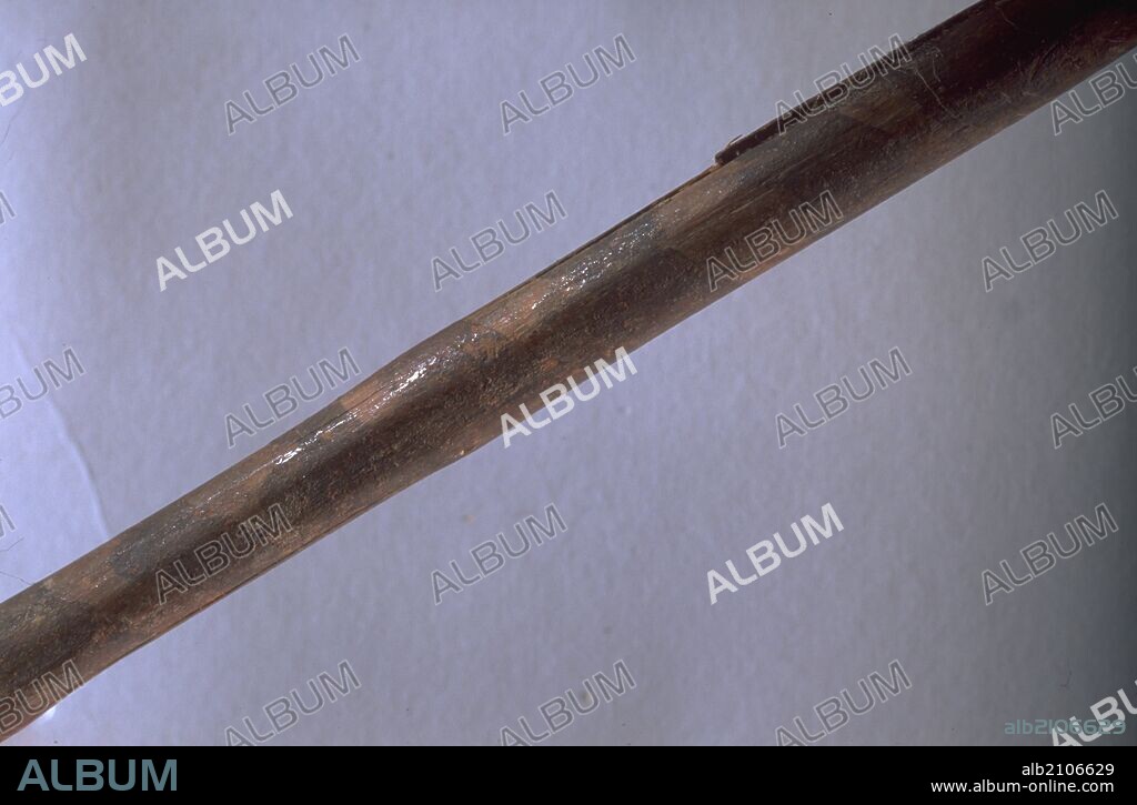 ASTIL DE FLECHA: CON DECORACION DE PINTURA EN BANDAS. DETALLE. PALEOLITICO. (DEPOSITO: MUSEO ARQUEOLOGICO NACIONAL).