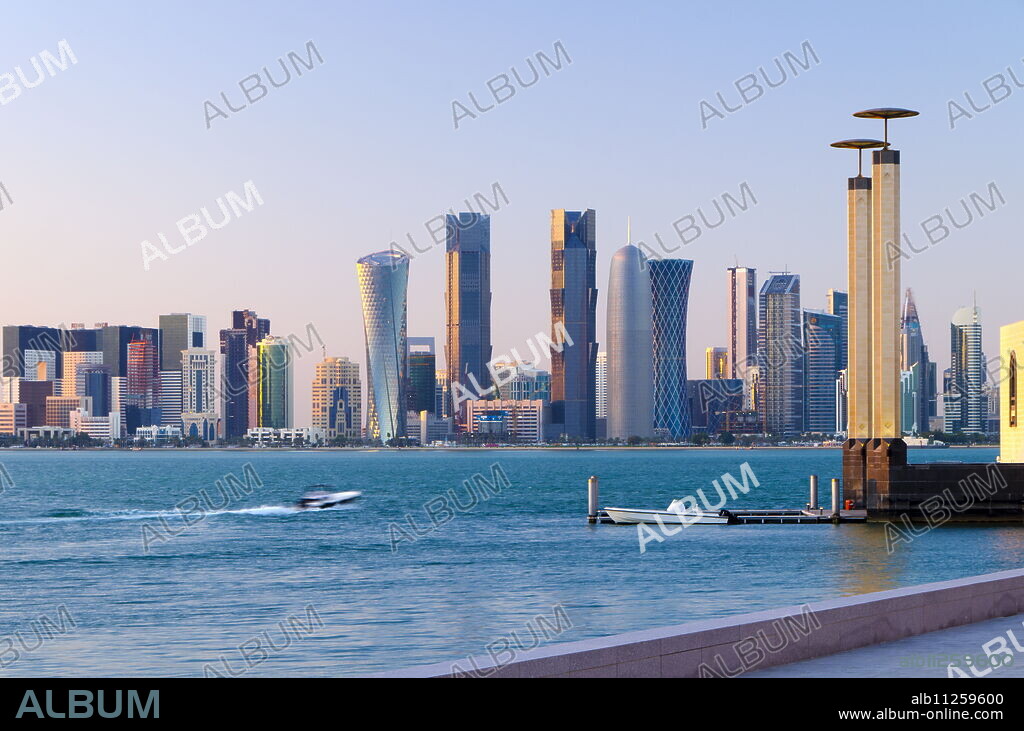 Al Bidda Tower, Palm Tower West, Burj Qatar and Tornado Tower from Museum of Islamic Art, Doha, Qatar, Middle East.