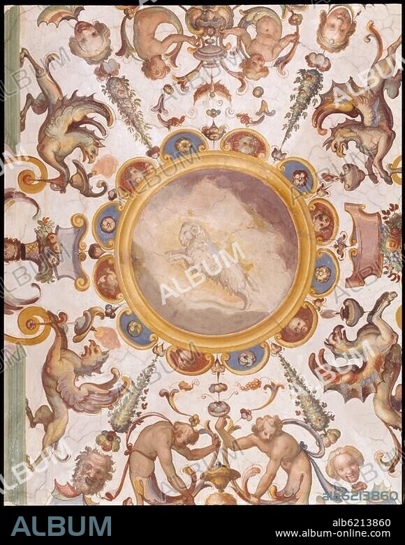 Florenz / Firenze (Italien), Galleria degli Uffizi, Deckengemälde der Galerien, Ostkorridor / Corridoio di levante (freskiert ab 1581 von Alessandro Allori, Giovanni Butteri, Alessandro Pieroni und Giovanni Bizzelli).-Ausschnitt aus Feld 22: Imprese des Francesco I. de'Medici (aufsteigender Widder).-.