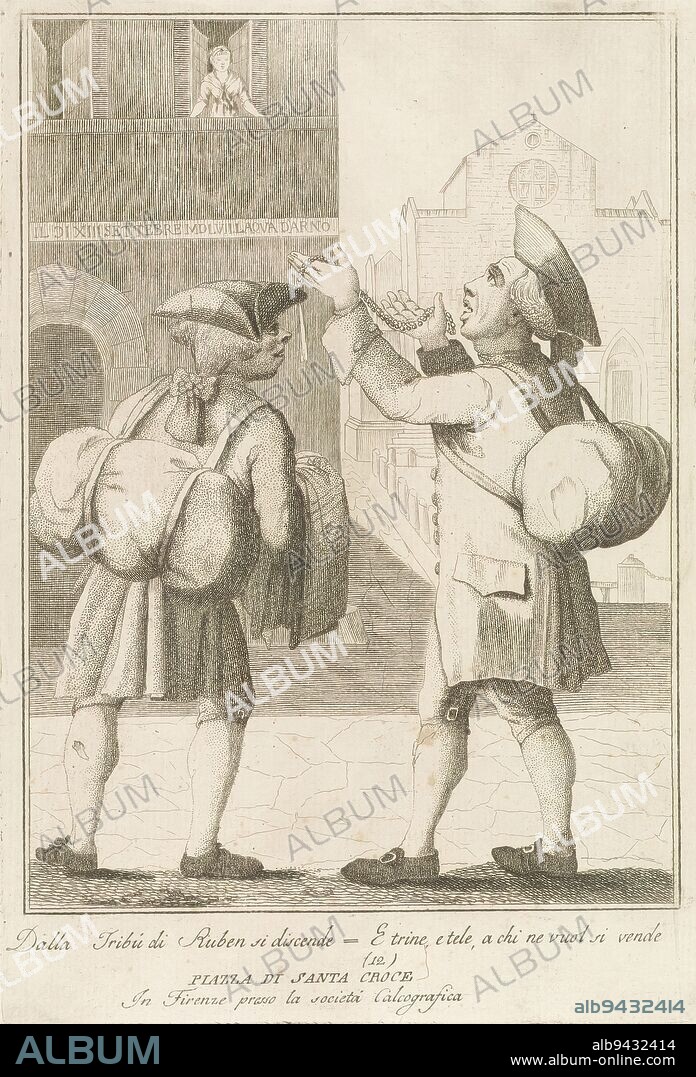 Two street vendors selling jewelry and fabrics, Florentine street vendors (series title), Two street vendors in Piazza Santa Croce, Florence. The one on the right holds up a necklace in his hands and addresses a lady standing on the balcony of a house. The left man has cloth over his arm. Italian text in lower margin., print maker: Carlo Lasinio, publisher: La Società Calcografica, (mentioned on object), print maker: Italy, publisher: Florence, 1769 - 1838, paper, etching, height 265 mm × width 180 mm.