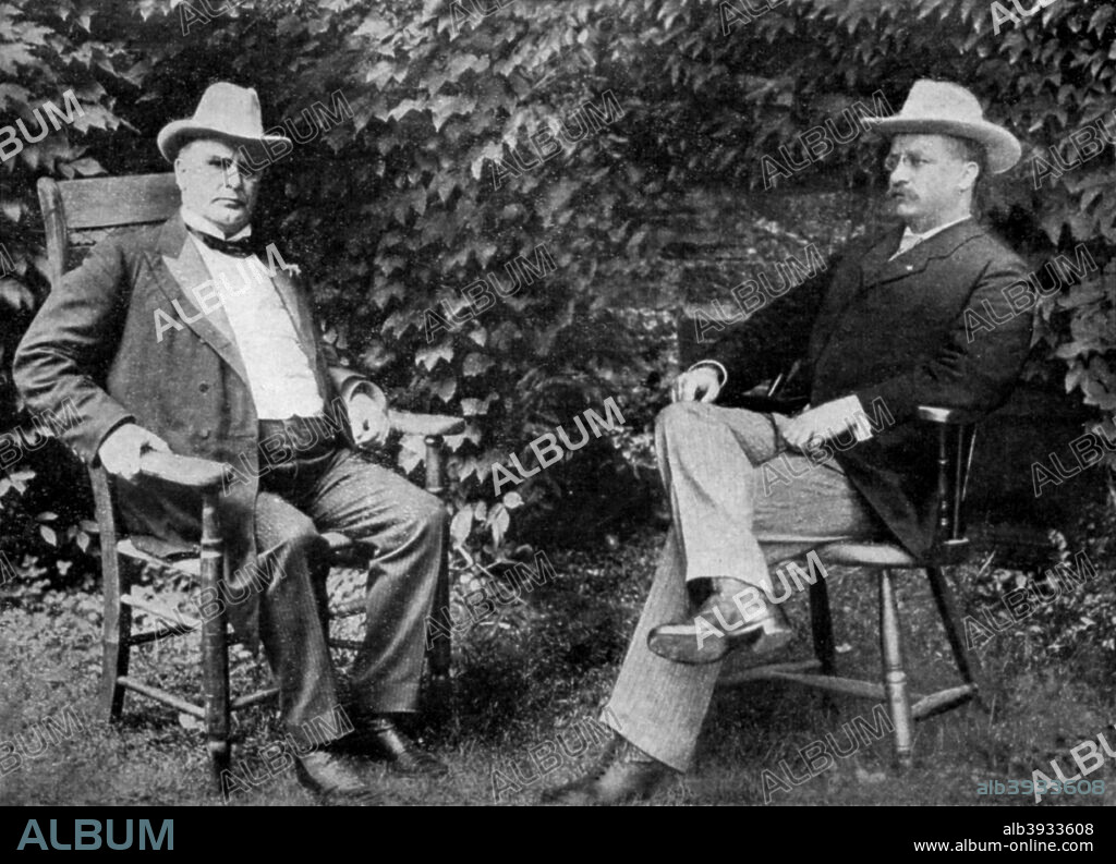 US President William McKinley and  Theodore Roosevelt, 1899 (1951). McKinley (1843-1901) became a lawyer and, in 1877, entered Congress as a Republican, becoming a leading tarriff expert. Elected President in 1896 and for a second term four years later, he was shot by an anarchist, Leon Czolgosz, at the Pan-American Exhibition in Buffalo, on 6th September 1901 and died on 14th September. Roosevelt (1858-1919) was Assistant Secretary of the Navy in 1898, resigning to fight in the Spanish-American War, his expoits in which gained him wide public popularity. He was Vice-President in McKinley's second term, succeeding him as President after the assassination. He was re-elected for a second term in 1904. A print from 100 Years in Pictures, A panorama of History in the Making, text by DC Somervell, Odhams press Limited, London, 1951.