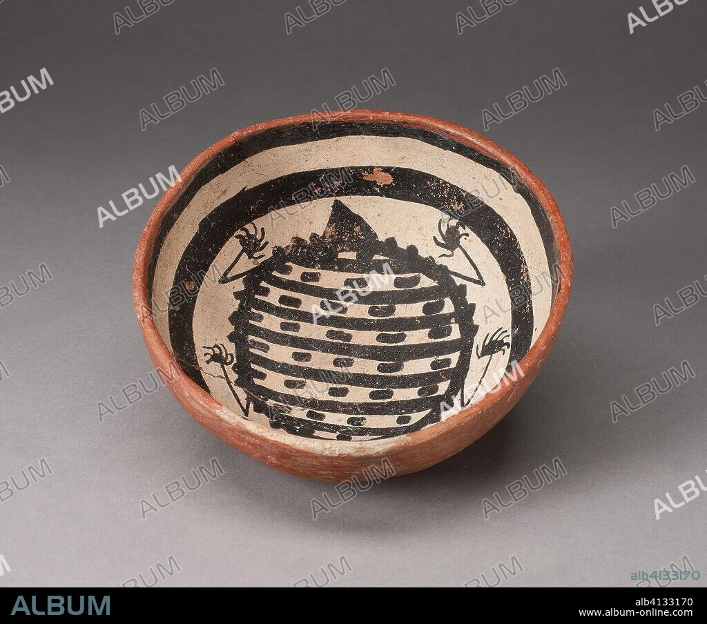 MIMBRES. Small Bowl with an Abstract Insect or Animal Painted in Interior. Mogollon; Southeastern Arizona or southwest New Mexico, United States. Date: 950 AD-1150. Dimensions: Diam. 15.2 cm (6 in.). Ceramic and pigment. Origin: Arizona.