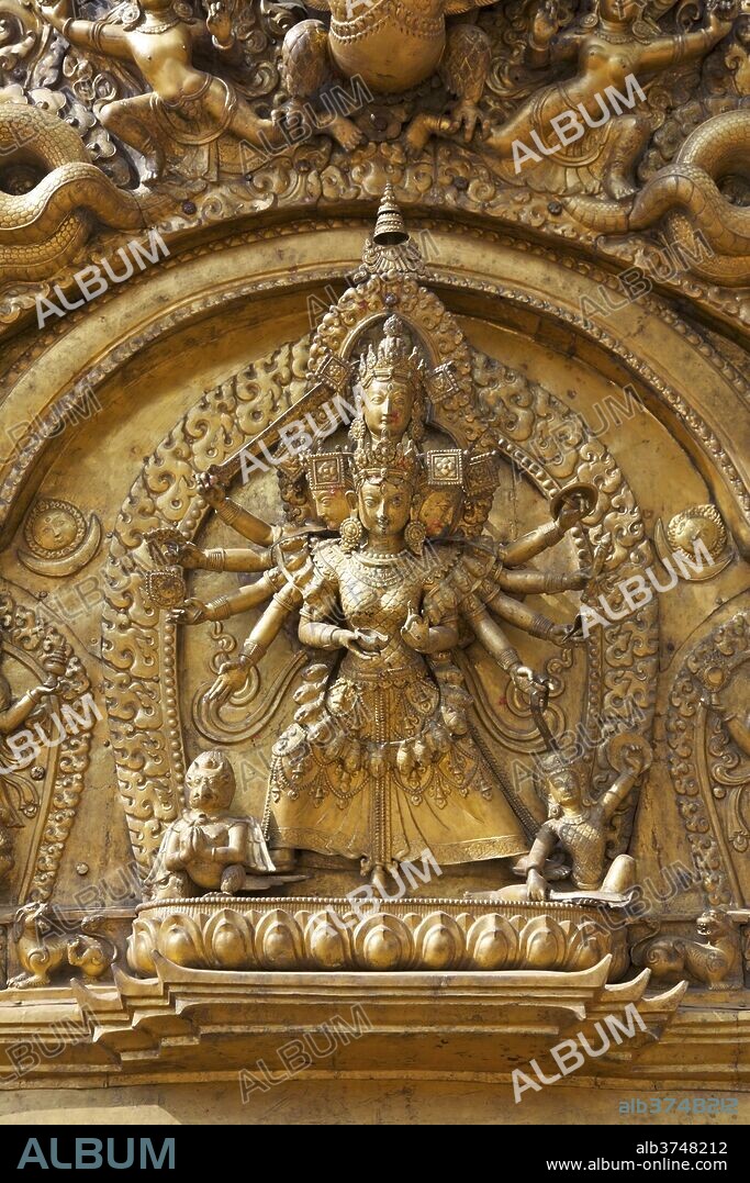 Patron goddess, Taleju, detail of Golden Gate, Sun Dhoka, the Royal Palace (Lu Dhawka), Durbar Square, Bhaktapur, UNESCO World Heritage Site, Kathmandu Valley, Nepal, Asia.