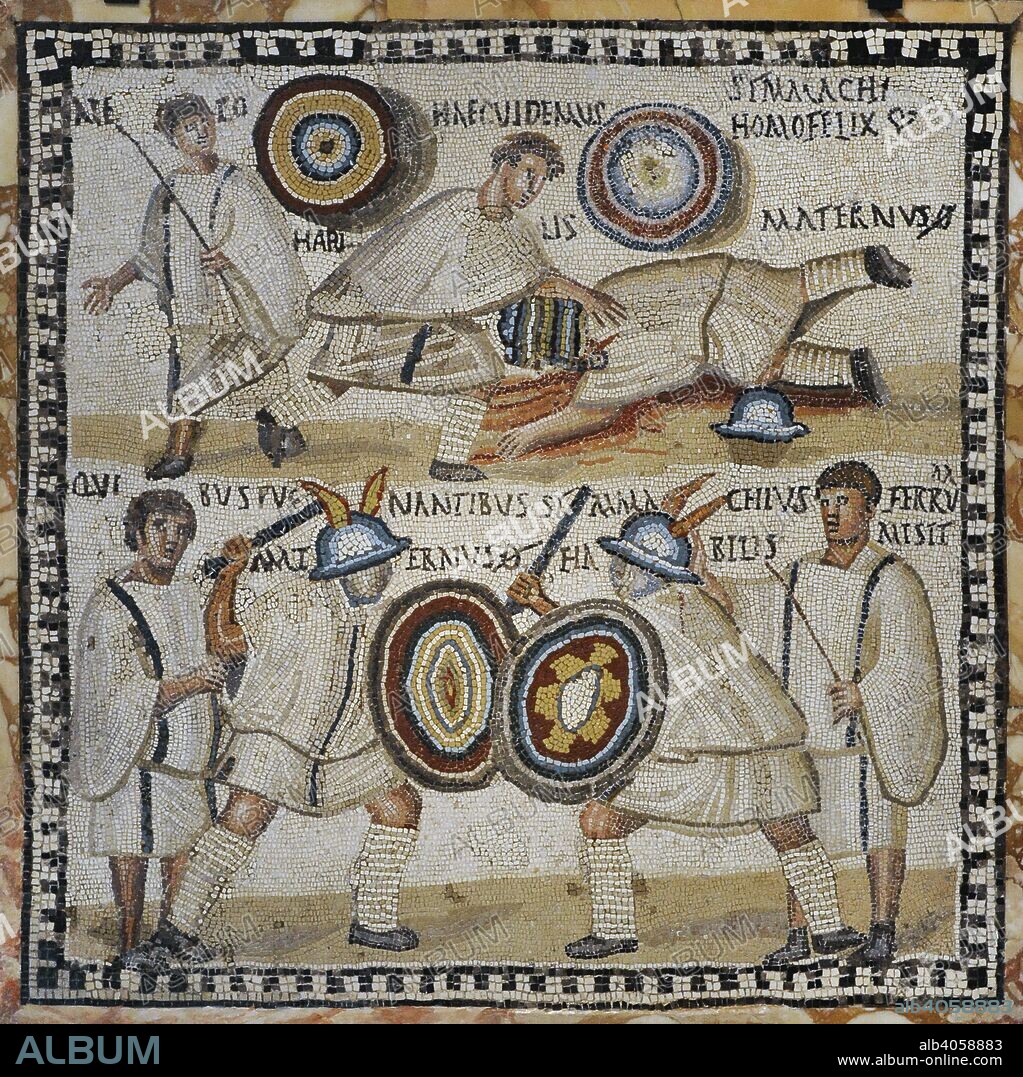 Roman mosaic depicting a Gladiator fight. In the lower part, the murmillones Symmanchus and Maternus are fighting in the arena cheered by the lanistae. At the top, Maternus lies slain by Symmachus. 3rd century AD. Limestone and vitreous paste. From Rome (Italy). National Archaeological Museum. Madrid. Spain.