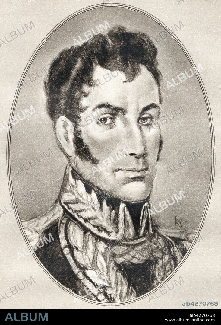 Simon Jose Antonio de la Santisima Trinidad Bolivar Palacios Ponte y Blanco,  1783 – 1830,  aka Simon Bolivar and El Libertador Venezuelan military and political leader Illustration by Gordon Ross,  American artist and illustrator 1873-1946,  from Living Biographies of Famous Men.