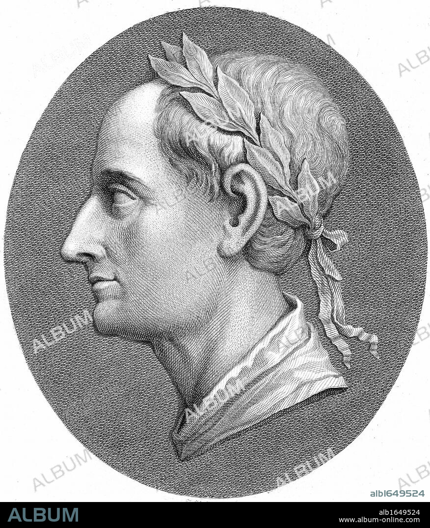 Augustus Caesar - Gaius Julius Caesar Octavianus (BC 63-14 AD), first Roman Emperor from 27 BC. Profile portrait wearing laurel wreath. Late 18th century copperplate engraving.