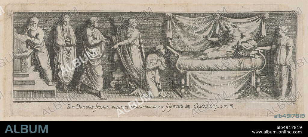 Pietro Santi Bartoli, Plate 11: Bathsheba interceding with David for Solomon, from Genesis 27, after a lost fresco in the basamento of Bay 11 of the Vatican Loggia, Series of 44 plates depicting the stucco medallions by Raphael's workshop designed for the Vatican Loggie, Pietro Santi Bartoli (Italian, Perugia 16151700 Rome), After Raphael (Raffaello Sanzio or Santi) (Italian, Urbino 14831520 Rome), 165077, Etching, Sheet: 3 11/16 × 9 5/8 in. (9.3 × 24.5 cm), Prints.