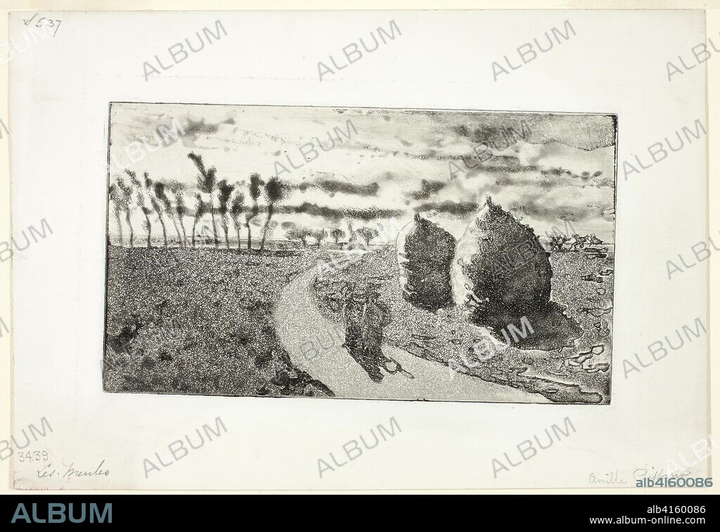 Twilight with Haystacks. Camille Pissarro; French, 1830-1903. Date: 1879. Dimensions: 103 × 181 mm (image/plate); 170 × 247 mm (sheet). Aquatint, with etching, in black on white wove paper. Origin: France.