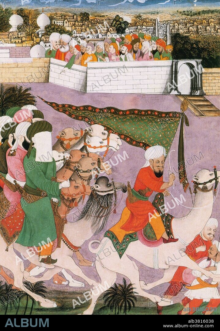In 622, Muhammad and the Muhajirun left Mecca and arrived at Yathrib, an event that would transform the religious and political landscape completely; the longstanding enmity between the Aus and Khazraj tribes was dampened as many of the two tribes embraced Islam. Muhammad was made the chief and united the Muslim converts of Yathrib under the name Ansar ("the Patrons" or "the Helpers"). After Muhammad's arrival, the city gradually came to be known as Medina (literally "city" in Arabic).  Illustration from a religious manuscript, c. 1800. The Quba Mosque is the first mosque in history built by Muhammad.