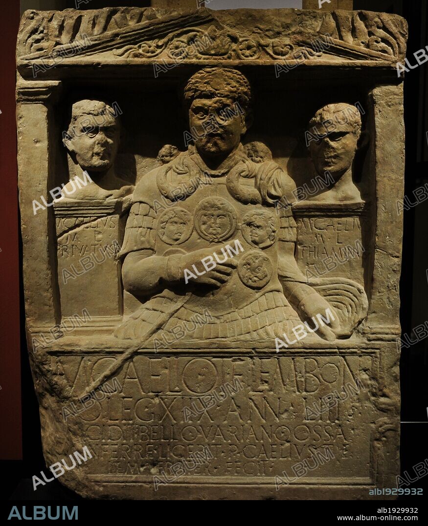 Tombstone of Centurio Marcus Caelius. Erworben 1980. Marcus Caelius fell at the age of 53 together with his two freed slaves during the battle of Varus in 9 CE. His brother had this tombstone erected for him. Cast of the stele. German Historical Museum. Berlin. Germany. (Original in the Rhenish State Museum, Bonn).