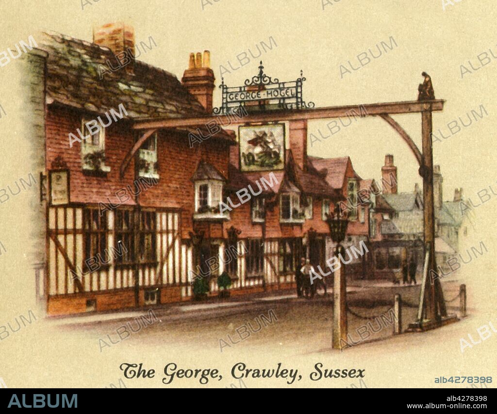 'The George, Crawley, Sussex', 1936. The George Hotel, former coaching inn on the High Street in Crawley, Grade II listed. The first mention of The George was in 1579,  its oldest parts date from c1450. From "Old Inns - A Series of 40", 1936. [W. D. & H. O. Wills, 1936].