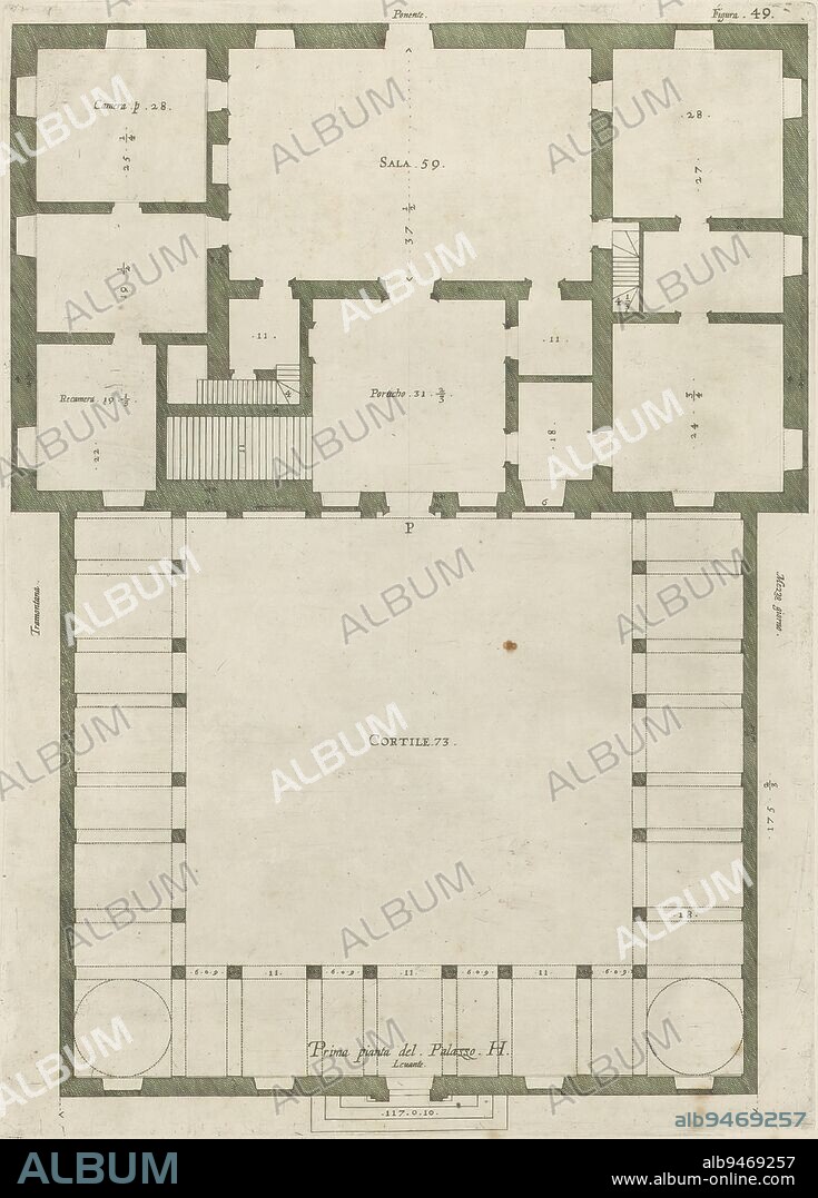 Map of the first floor of the Villa Grimaldi-Sauli at Genoa, Prima pianta del Palazzo. H (title on object), This print is part of an album., print maker: Nicolaes Ryckmans, publisher: Peter Paul Rubens, Spaanse kroon, Antwerp, 1622, paper, engraving, height 385 mm × width 275 mm, height 583 mm × width 435 mm.