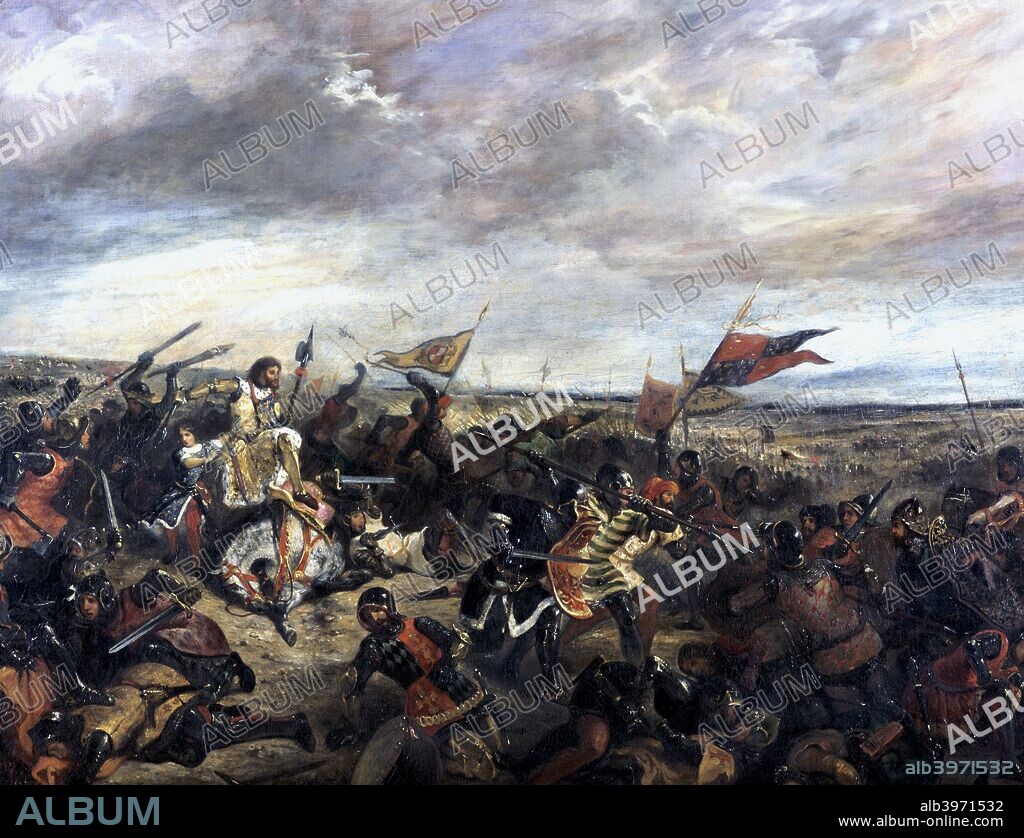 'Battle of Poitiers' (1356), 1830. Also known as 'King John at the Battle of Poitiers'. Engagement during the Hundred Years War (1337-1453) between England and France. On 13 September 1356 the English under Edward the Black Prince (1330-1376) defeated the French and captured their King, Jean le Bon (John the Good) and held him to ransom. From the Musee du Louvre, Paris.