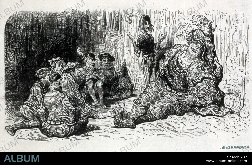 Panurge devant Pantagruel endormi. Illustration de Gustave DORE (1832-1883) pour Pantagruel roi des Dipsodes tiree de l'ouvrage Oeuvres de Francois RABELAIS (1483-1553). (Livre 2, Chapitre XVI). Edition de 1873. Credit : Collection KHARBINE-TAPABOR.