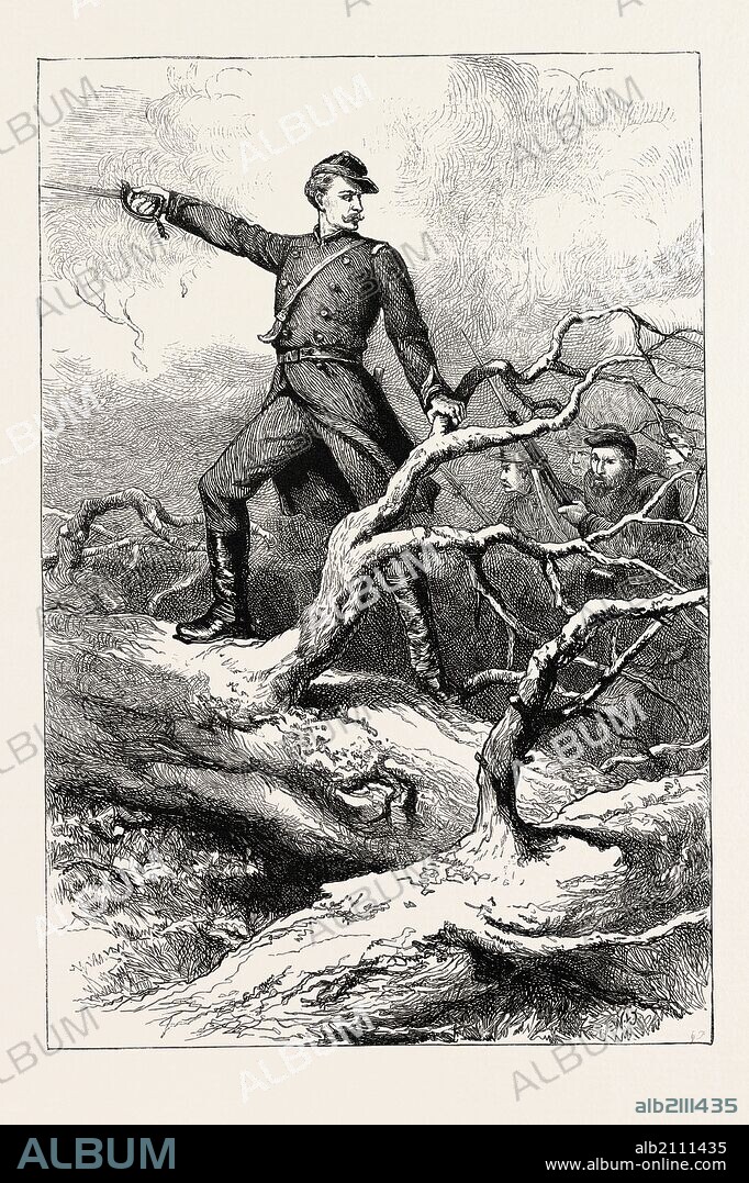 CAPTAIN WINTHROP AT BIG BETHEL, The Battle of Big Bethel, also known as the Battle of Bethel Church or Great Bethel was one of the earliest land battles of the American Civil War, US, USA, 1870s engraving.