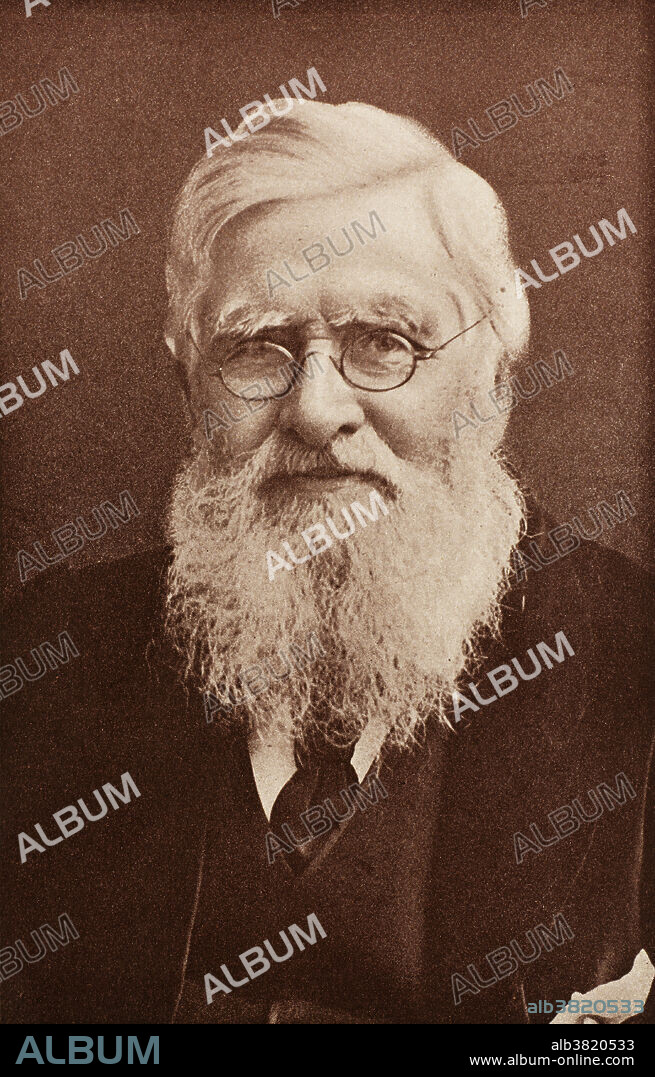 A portrait of Alfred Russel Wallace (1823-1913), British naturalist. Wallace organised expeditions to the Amazon and Malaysia and was the first European to see orang-utans in the wild. Wallace collected many specimens and founded the study of the geographical distribution of animals (biogeography). He formulated (independent of Charles Darwin) the theory of natural selection as a mechanism for the origin of species. He and Darwin presented their results in a joint paper in 1858 before the Linnean Society. New York Public LIbrary Picture Collection. New York Public LIbrary Picture Collection.