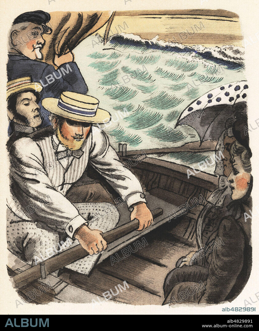 PIERRE et JEAN ,debut du roman, JEan et Mme Rosemilly en promenade dans "La PErle" le bateau du pere Rolland, pere de Pierre et Jean. illustration pour Nouvelle de Guy de MAUPASSANT, Illustration de CHAS LABORDE (1886-1941), in Oeuvres Completes de MAUPASSANT (en 15 volumes) , edition Librairie de France, 1935, Exemplaire Original conserv dans nos collections. Credit Collection KHARBINE TAPABOR.
