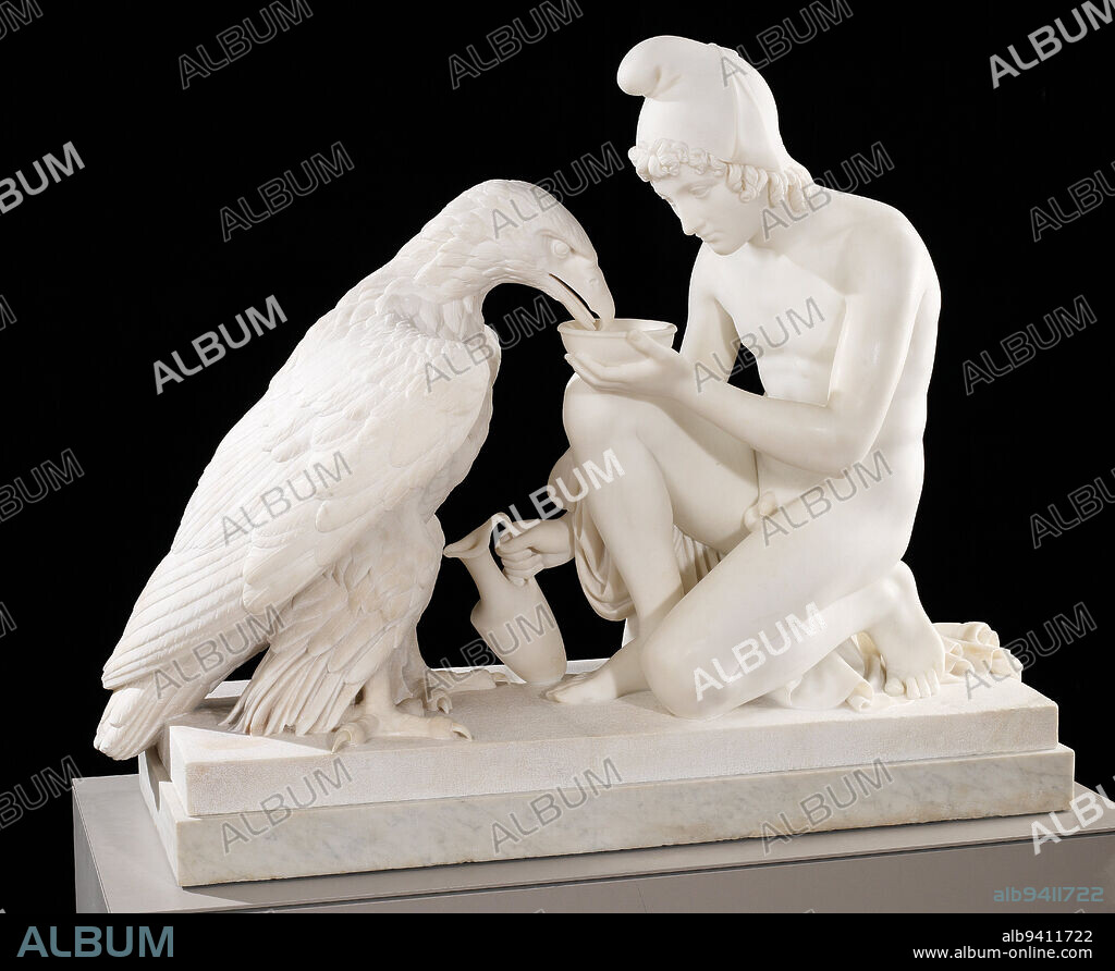 Ganymede and the Eagle, 181729, Bertel Thorvaldsen, Danish, 17701844, 34 3/4 x 18 1/2 x 46 3/8 in. (88.27 x 46.99 x 117.79 cm), Marble, Denmark, 19th century, In Greek mythology, Ganymede was cupbearer to the gods, serving them with nectar and ambrosia. As a young prince of Troy, he was abducted by Zeus, ruler of the gods, and carried off to Mount Olympus, the gods home, where he became immortal.