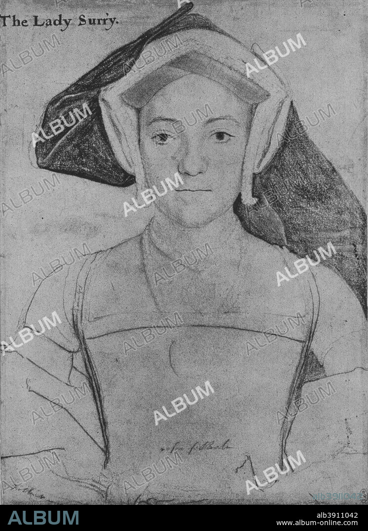 'Frances, Countess of Surrey', c1532-1533 (1945). Frances Howard, (nee de Vere), Countess of Surrey (c. 1516-1577) was daughter of John de Vere, 15th Earl of Oxford, and Elizabeth Trussell. She married firstly, Henry Howard, Earl of Surrey, son of Thomas Howard, 3rd Duke of Norfolk, and Elizabeth Stafford, by whom she had two sons and three daughtersThe drawing is part of the Royal Collection Trust, Windsor Castle. From The Drawings of Holbein at Windsor Castle by K. T. Parker. [The Phaidon Press Ltd, Oxford & London, 1945].