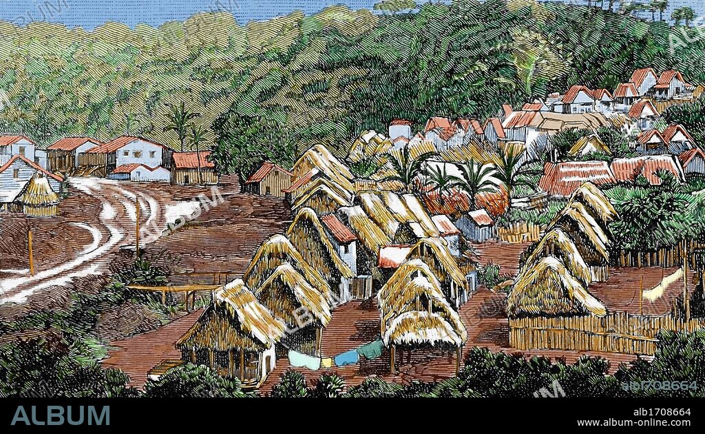 CONSTRUCCION DEL CANAL DE PANAMA. Campamento de obreros en los Altos del Emperador. Grabado coloreado del año 1886.