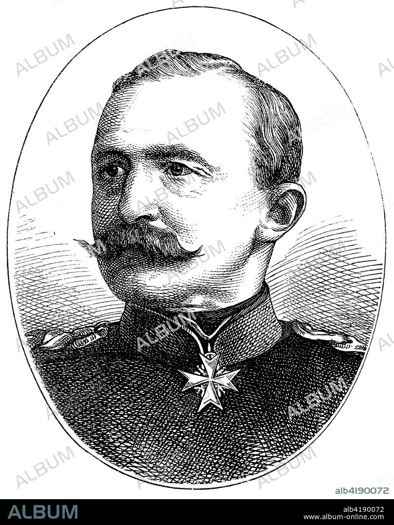 Portrait of Lieutenant General Hugo Moritz Anton Heinrich Freiherr von Obernitz, April 16, 1819 - September 18, 1901, was a Prussian infantry general, commander of the Wuerttemberg troops, Franco-German campaign of 1870, digital improved reproduction of an original print from the 19th. century.