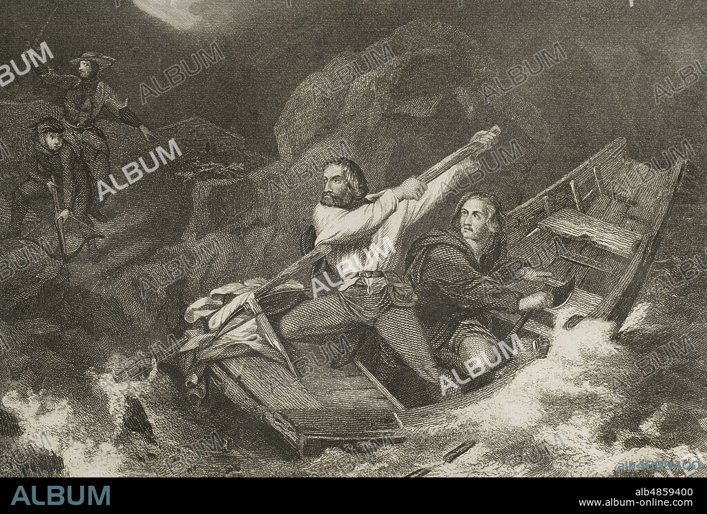 Guillermo Tell (Wilhelm Tell). Personaje legendario, considerado el héroe nacional de Suiza. Guillermo Tell salvando a Konrad Baumgarten, durante una tormenta en aguas del lago de Uri, huyendo de los soldados. Grabado. Historia de las persecuciones políticas y religiosas en Europa. Tomo I. Editado en Barcelona, 1863.