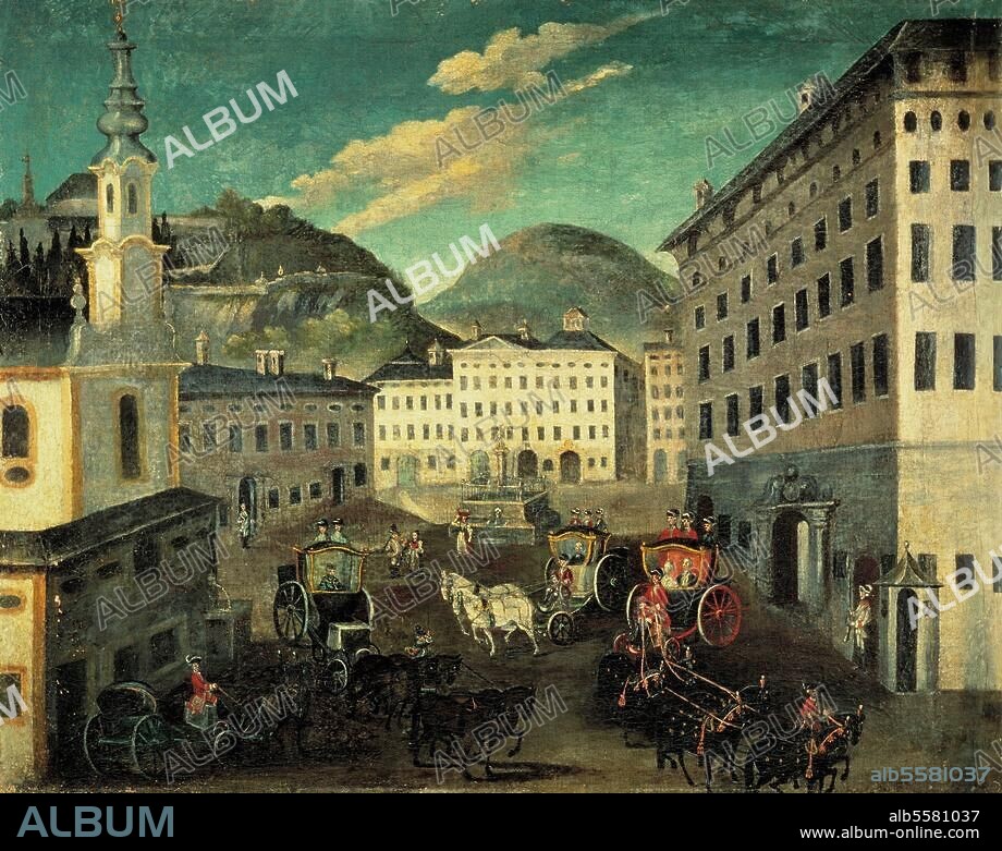 Salzburg (Österreich), Mozartplatz, ehem. Michaelsplatz. Ansicht des Michaelsplatzes. Gemälde, anonym, 2. Hälfte 18. Jh. Öl auf Leinwand. Salzburg, Museum Carolino Augusteum.