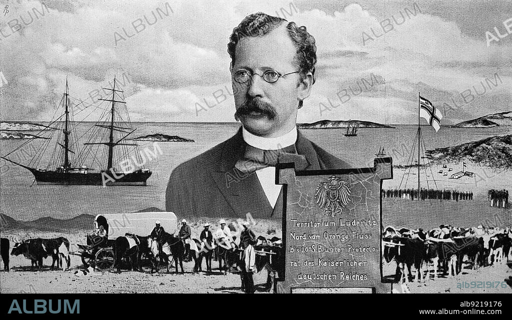 The Bremen merchant Adolf Lüderitz hoisted the German flag in the bay of Angra Pequena and thus acquired Deutscg-Southwest Africa, today Namibia, Historic, digitally restored reproduction of an original from the early 20th century, exact original date unknown.