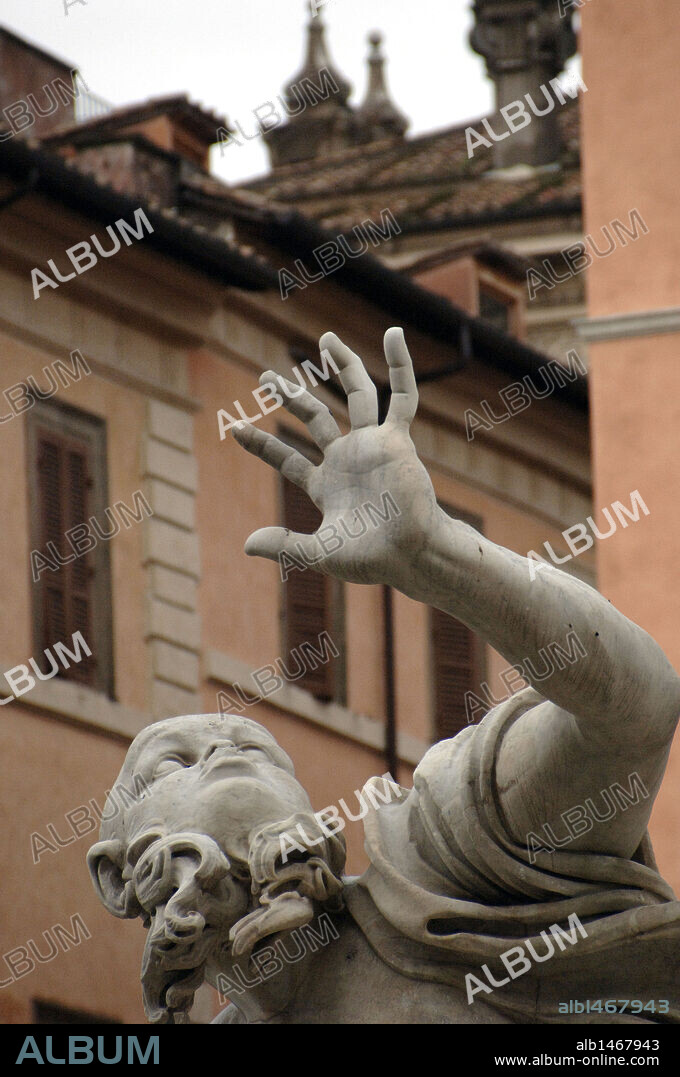 Italy. Rome. Fountain of the Four Rivers by Gian Lorenzo Bernini (1598-1689). 1647-1651. Statue depicting The River of Silver (Rio de la Plata). 1651. By Francesco Baratta (1590-1666). Detail.