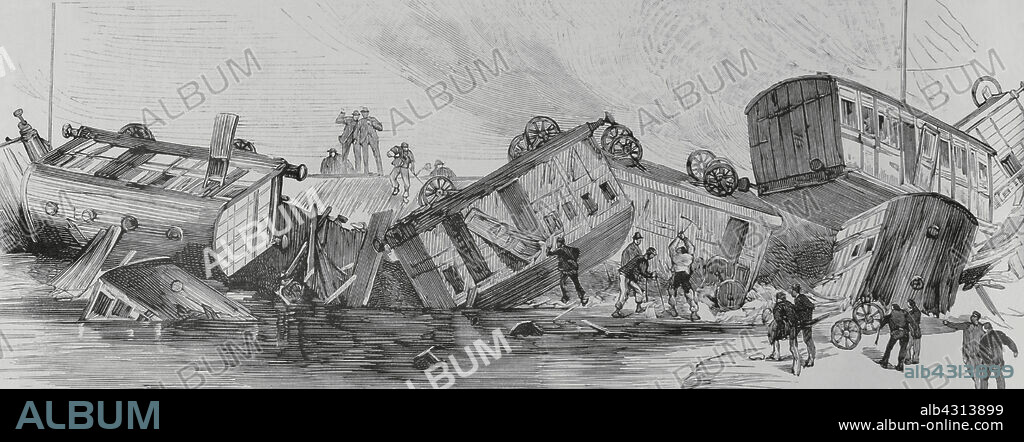 England. Railway accident suffered by one of the "Salisbury and Dorset Junction Railway" trains that covered the route between Salisbury-Weymouth, at 4:30 p.m. on June 3, 1884. The train derailed south of Downton in Wiltshire, eight miles from Salisbury. Forty-one people were injured and four died. Three of them drowned when a carriage overturned in a drainage ditch. Engraving. La Ilustración Española y Americana (The Spanish and American Illustration), June 22, 1884.