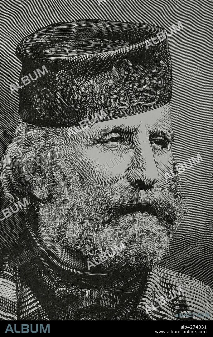 Giuseppe Garibaldi (1807-1882). Militar y político italiano. Principal líder de la unificación italiana. Retrato. Grabado. La Ilustración Española y Americana, 15 de junio de 1882.
