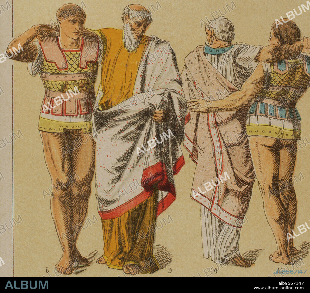 Etruscans. From left to right: 8- Etruscan armour, 9 and 10: chiton, 11- Etruscan armour. Chromolithography. "Historia Universal" by César Cantú. Volume II, 1881.