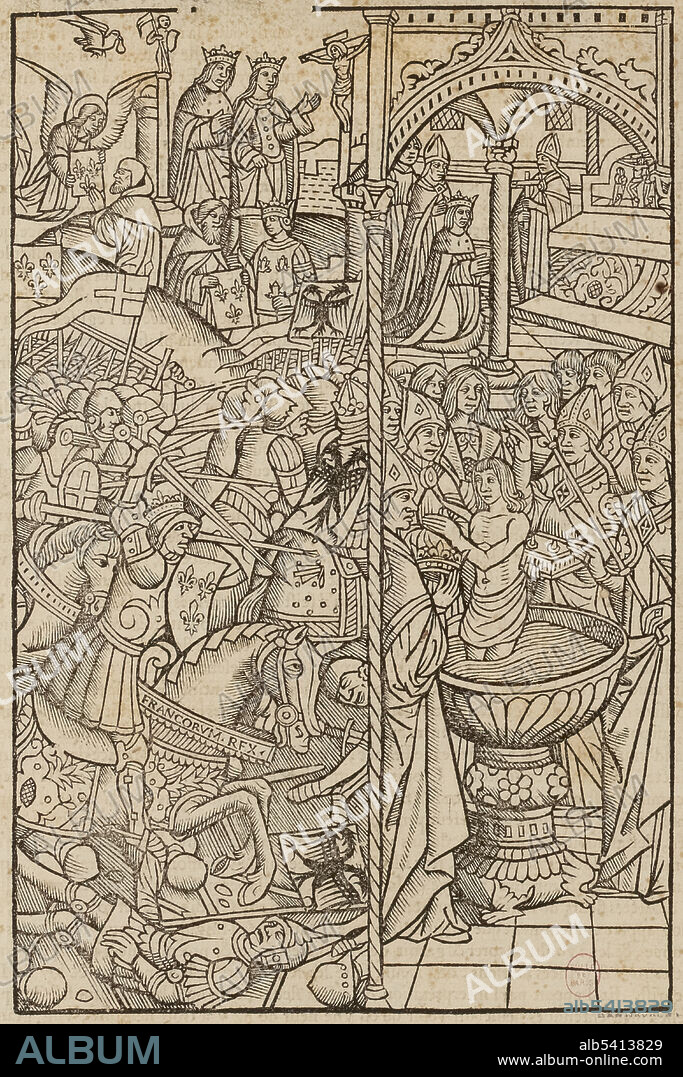 The Battle of Tolbiac was fought between the Franks, who were fighting under Clovis I, and the Alamanni, whose leader is not known. Clovis saw his warriors being killed and felt the battle was getting out of hand. Clovis is said to have attributed his success to a vow that he had made: if he won, he would convert to the religion of the Christian God who had aided him. The date of the battle has traditionally been given as 496. He became a Christian in a ceremony at Reims on Christmas 508. No artist credited, undated (cropped and cleaned).