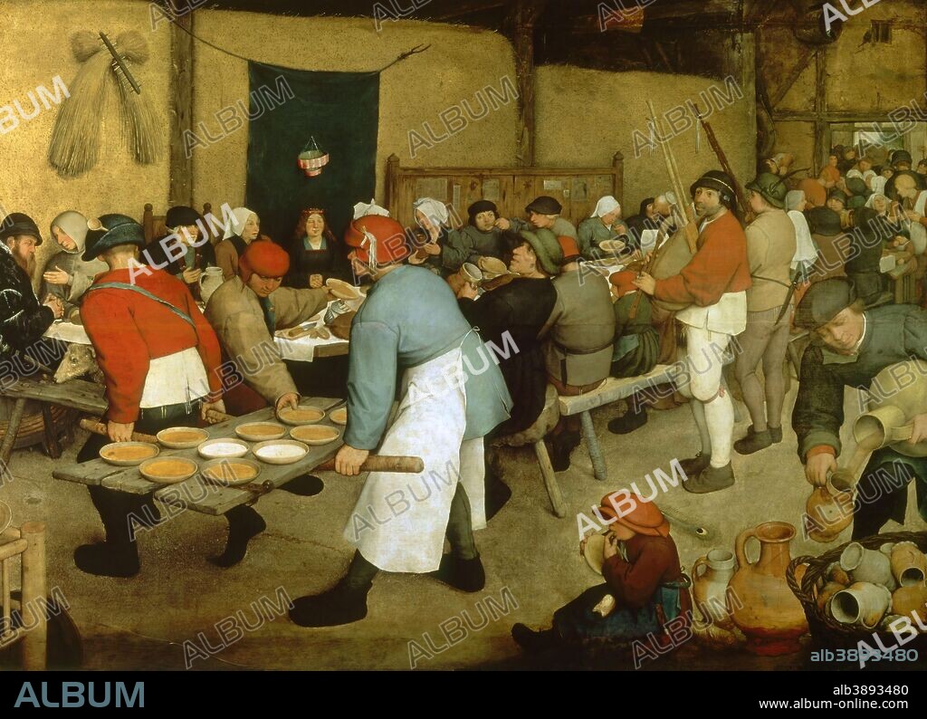 PIETER BRUEGHEL THE ELDER. The Peasant Wedding. Date/Period: 1566 - 1569. Painting. Oil on Wood. Height: 1,140 mm (44.88 in); Width: 1,640 mm (64.56 in).