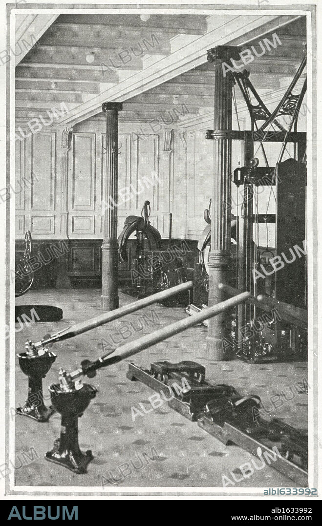 Gymanasium, Titanic. A photograph of the Gymnasium on the Titanic. Passengers could ride on a mechanically-worked saddle or exercise 'as if in a racing skiff'. Titanic was built by Harland & Wolff in Belfast Ireland during 1910 - 1911, and sank on 15th April, 1912, after striking an iceberg off the coast of New Foundland during her maiden voyage from Southampton, England to New York, USA, with the loss of 1,522 passengers and crew. (Photo by Titanic Images/Universal Images Group).