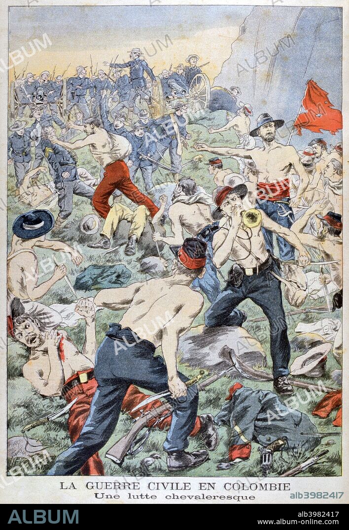 Thousand Days War, Colombia, 1902. The Thousand Days War (1899-1902), was a civil war in the newly created Republic of Colombia, (including its then province of Panama) between the Conservative Party and the Liberal Party with its radical factions. An illustration from Le Petit Journal, 19th October 1902.
