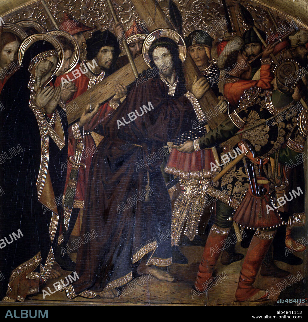 JAUME HUGUET. JAIME HUGUET. PINTOR ESPAÑOL. VALLS 1414-1492. " CAMINO DEL CALVARIO ". TABLA PERTENECIENTE AL RETABLO DE SAN AGUSTIN DE LA COFRADIA DELS. BLANQUERS.. MUSEO MARES. BARCELONA. JESUCRISTO. VIRGEN MARIA.