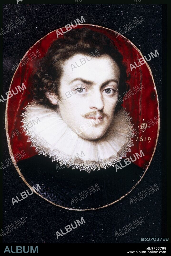 A Young Man - 1619. by Peter Oliver (c.1594-1647). Peter Oliver, English miniaturist and son of Isaac Oliver (c.1565 - bur.October 2, 1617) who was a French-born English portrait miniature painter. ©TopFoto.