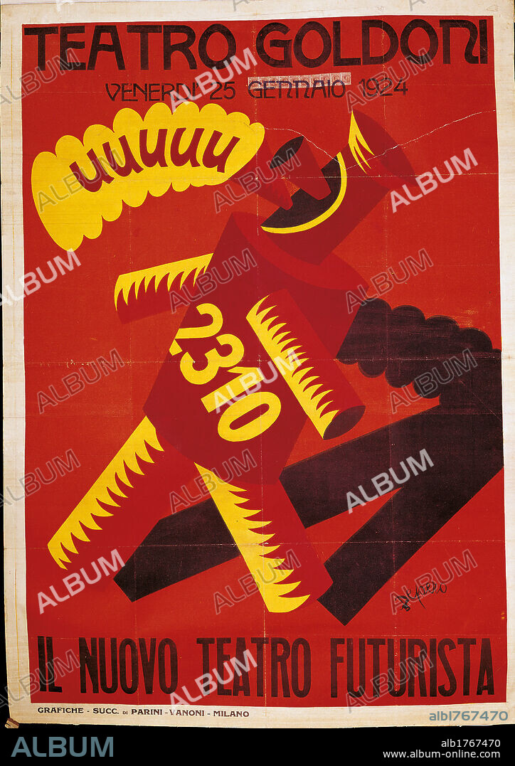 Poster of Nuovo Teatro Futurista (Goldoni Theatre), by Fortunato Depero, 1924, 20th Century, print,. private collection. All. Theatrical playbill theatre Goldoni red yellow.  Please remember that author's rights have to be cleared for modern and contemporary works of arts.