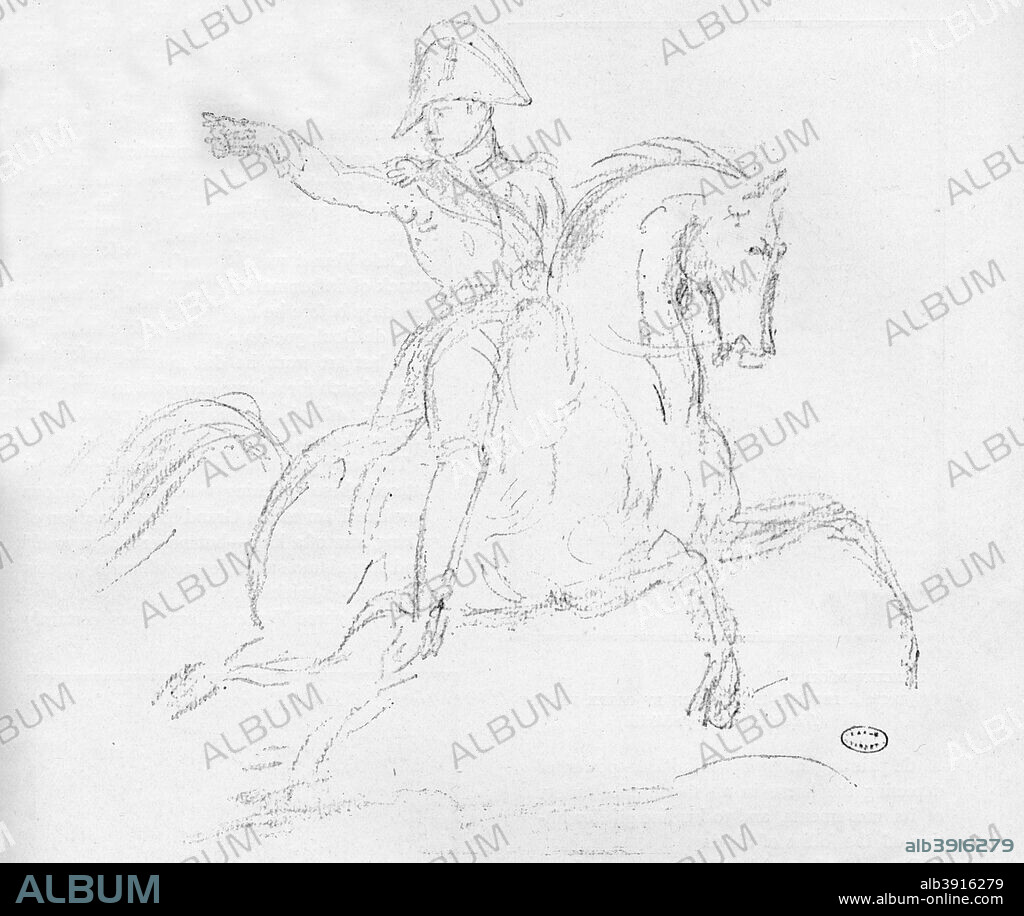'Napoleon on Horseback', c18th century. Napoleon Bonaparte, French general and Emperor, (1769-1821) enjoyed a meteoric rise through the ranks of the French Revolutionary army. In 1799 he led a coup to overthrow the government, the Directory, and became first consul and effective dictator of France. In 1804, he declared himself Emperor, and began a series of military campaigns across Europe, the Napoleonic Wars. Victories such as Austerlitz and Jena led to France establishing its power across much of the continent. In 1812, however, Napoleon embarked on a disastrous invasion of Russia and defeat at Leipzig in 1813 led to his abdication and exile to Elba. He ecaped in 1815, raised another army, but was finally defeated by Wellington at Waterloo, and exiled again to St Helena. From The Studio Volume 14 by Ralph Nevill. [London Offices of the Studio, London, 1898].