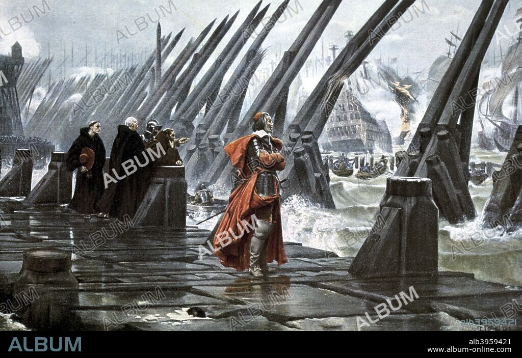 Cardinal Richelieu at the Siege of La Rochelle, 1628 (early 20th century). Armand Jean Duplessis, Duc de Richelieu (1585-1642), French prelate and statesman. Created a Cardinal in 1624, he was Minister of state to Louis XIII and de facto ruler of France from 1629. The stronghold of the Huguenots, La Rochelle was starved into surrender during Richelieu's campaign to break their power in France.