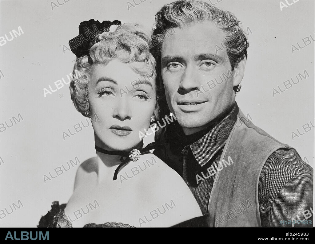 MARLENE DIETRICH and MEL FERRER in RANCHO NOTORIOUS, 1952, directed by FRITZ LANG. Copyright RKO FIDELITY.