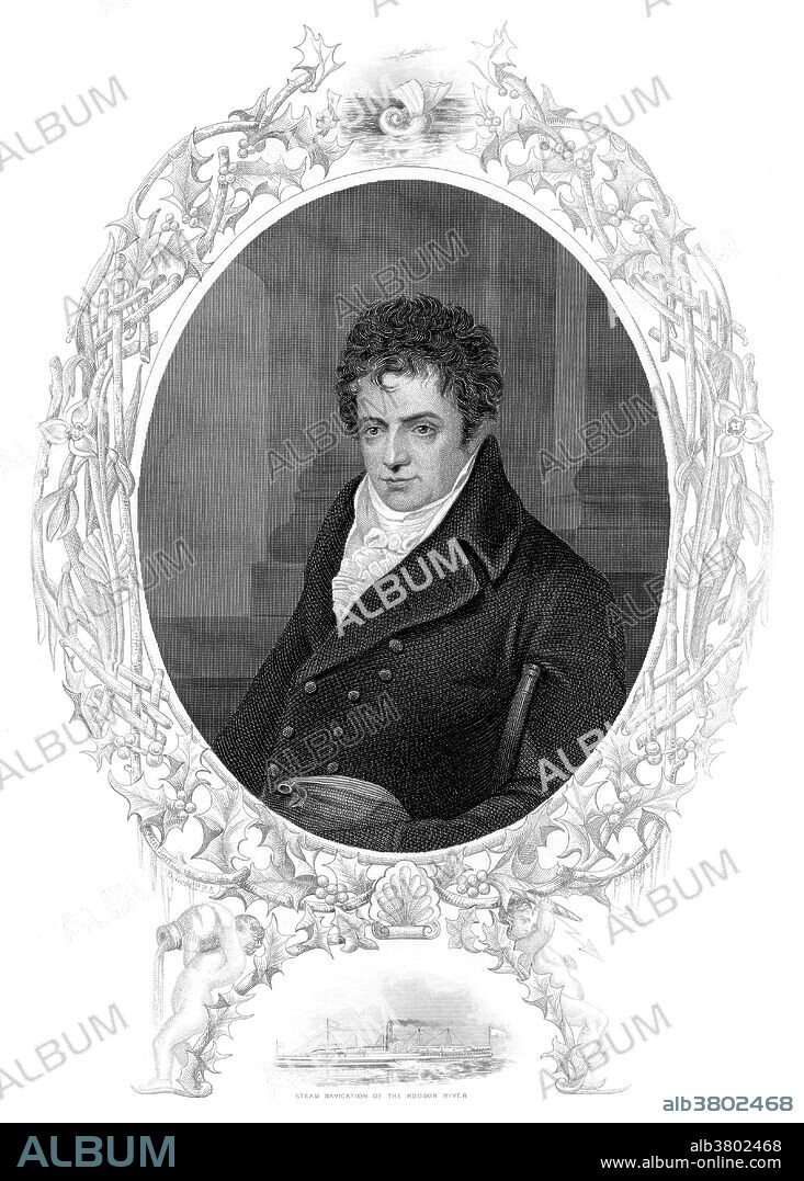 Robert Fulton (November 14, 1765 - February 24, 1815) was an American engineer and inventor He began as a portrait painter, and moved to England in 1787. While living in England he focused his creativity on current engineering challenges and became involved in a project to design a canal system to replace the conventional locks that were in use at the time. He was granted an English patent in 1794 for his first invention, a double inclined plane system for hauling canal boats over difficult terrain. He later developed plans for cast iron aqueducts and invented a mechanical dredge to speed the construction of canals. His work with inland waterways culminated in a publication in 1796, entitled Treatise on the Improvement of Canal Navigation. In 1791 he moved to France where he designed the torpedo carrying submarine Nautilus, and, in 1803, the first steamship. Fulton returned to America and by 1807 had organized first commercial paddle steamer services on the Hudson River. In 1814 he also designed and launched the Demolgos, the first steam warship. While walking home on the frozen Hudson River one of his friends, Addis Emmet, fell through the ice. In the attempt to rescue his friend, he got soaked with icy water and caught pneumonia. His sickness worsened when he contracted consumption and he died in 1815 at the age of 49.
