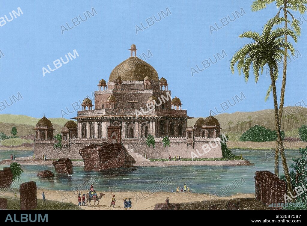 Sher Shah Suri (Sasaram, 1486-1545). Emperador que fundó el imperio suri en el norte de la India, también conocido como Sher Khan. Estableció Delhi como la capital del imperio. Tumba de Sher Shah Suri. Mausoleo en la ciudad de Sasaram, en el estado de Bihar, construido en su memoria. Fué diseñado por el arquitecto Aliwal Khari y construido entre 1540 y 1545, durante el reinado del hijo del emperador, Islam Shah (1545-1554). Grabado. Panorama Universal-India, 1845. Coloreado.